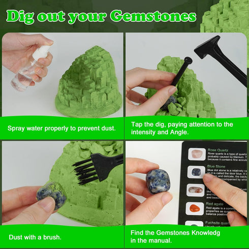 Gemstone Dig Kit - Unique Shape STEM Science Kit for Kids to Excavate 12 Real Gemstones, Educational DIY Toys