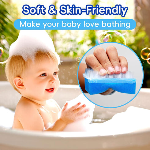 (Blue,Set 5) Cradle Cap Brush for Babies, Baby Bath Essentials with Silicone Scrubber Bath Sponge Dual-Sided Comb