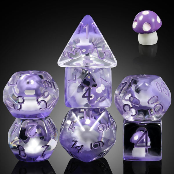 Mushroom Resin Dice Set D&D: 7PCS D&D Dice Set with Gift Velvet Bag for Tabletop Games (Purple Mushroom)