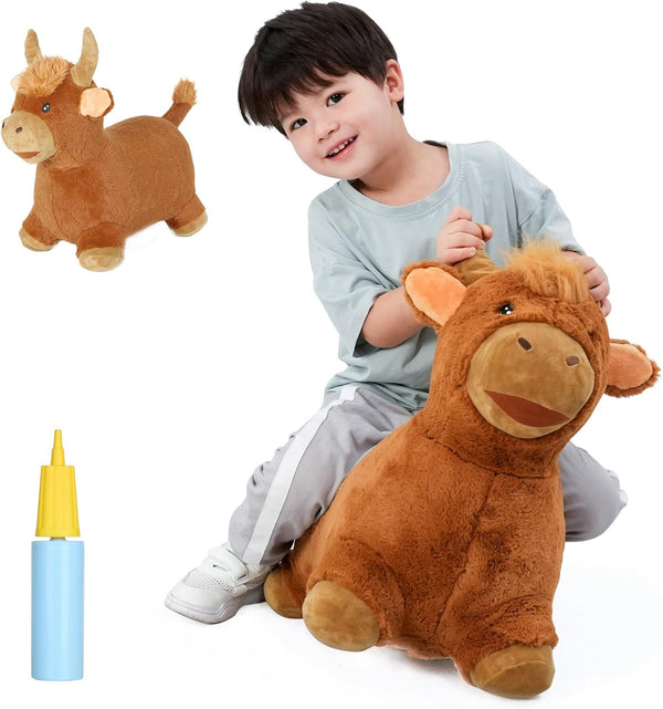 INPANY Bouncy Bull Hopping Toys, Brown Plush Highland Cow Hopper for Kids, Inflatable Farm Animal Bouncer for 2-4 Year