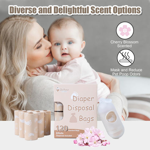(8 Rolls/120 USBOO Diaper Bags Disposable for Baby, Biodegradeable Dirty Diaper Bags Refill Bags) with Dispenser, Leak
