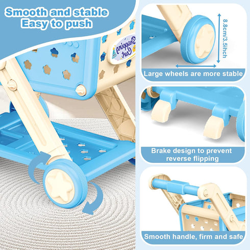 Cart,75PCS Playset 3 4 5 67 8+ RedCrab Kids Shopping Toy Shopping Cart with Food Shop Accessories, Adjustable Shopping