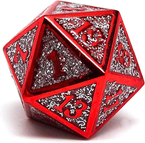 Heroic Dice of Metallic Luster - 7 Piece Metal Polyhedral Dice Collection in Silver with Red Font