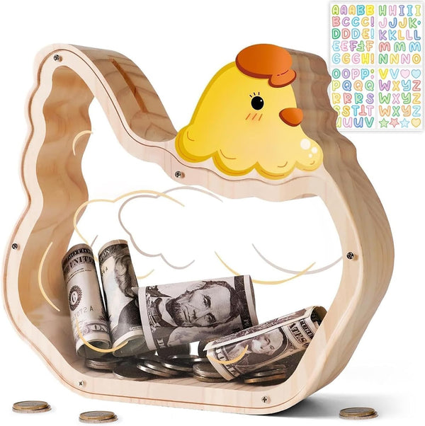 Wooden Chicken Piggy Bank for Kids, Unbreakable Easter Pullet Coin Chicken Bank