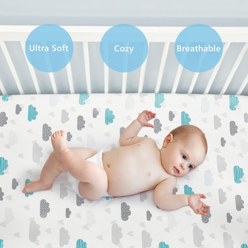 TILLYOU Baby Crib Sheets, 2 Pack Super Soft Toddler Bed Sheets for Standard Crib Mattress 28x52in, Blue Clouds and Stars