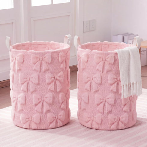 Blushtier 2 Pcs Pink Bow Laundry Hamper Girls Room Decor Coquette Pink Bow Plush Faux Fur Basket Kids Large Storage