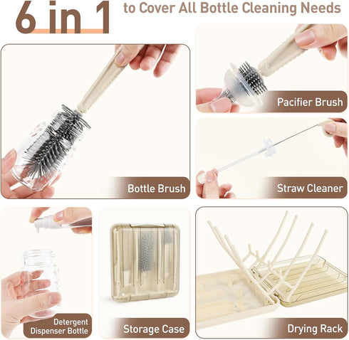FXXQHT Set, 6-in-1 Baby Bottle Brush Travel Bottle Cleaning Kit with Silicone Bottle Brush, Nipple & Straw Brush, Soap