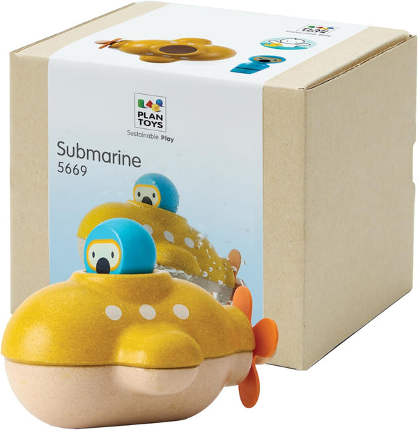 PlanToys Submarine Wooden Baby Bath Toy for Toddlers | Waterproof Pool Toy