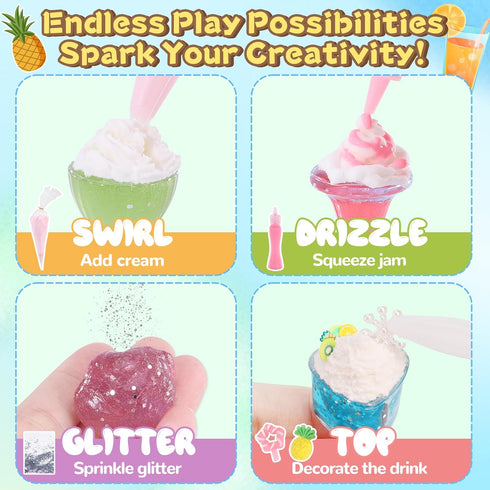 24 Set, 8+ Crelloci DIY Mini Drink Shop Toy, Making Miniature Juice Drinks Cream Material Kit, NOT Edible, Collectible