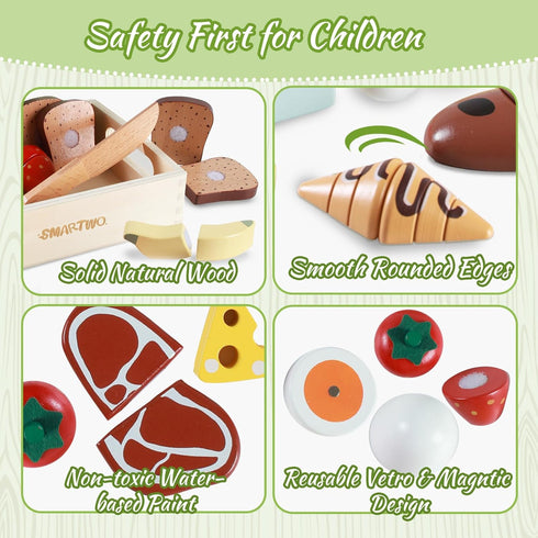 Sets 3+ Wooden Play Food for Kids Kitchen, Breakfast Food Toys for Toddlers Year Old, Pretend Food Play Cutting Bakery