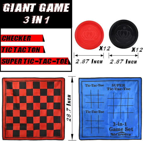 3 in 1 Giant Checkers Game Set,Super Tic Tac Toe,Including Reversible Rug with 24 Checkers,Indoor and Outdoor Activity for Kids or Adults,Board Game,Yard Game