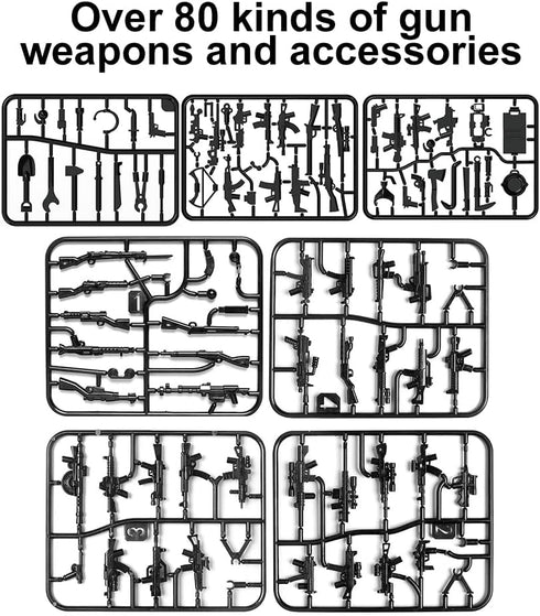 Ulanlan Pack 6 80 Military Weapons Guns and Accessories for Minifigures, Custom Military War Gears Building Blocks Toy