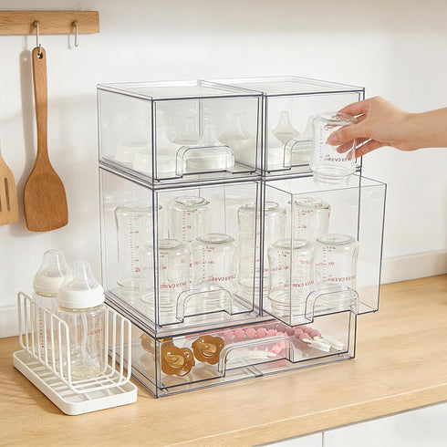 5 Pack Countertop MINMUNJIU Baby Bottle Organizer, Clear Space-Saving Stackable Drawer with Handle, Baby Bottle Storage