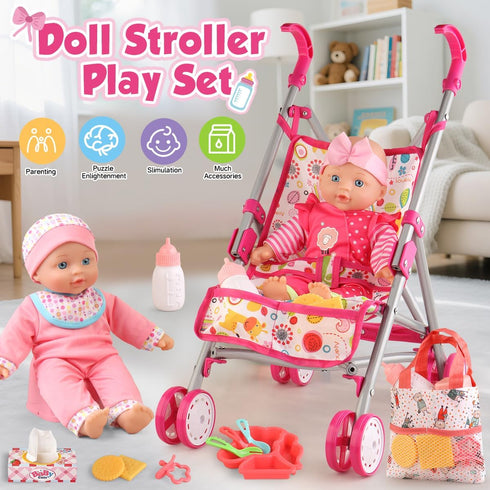 Set 12.5" 2 Sets 16 3-5 4-6 YIYBM Baby Doll with Stroller with Baby Dolls, Handbag, Doll Clothes and PCS Doll