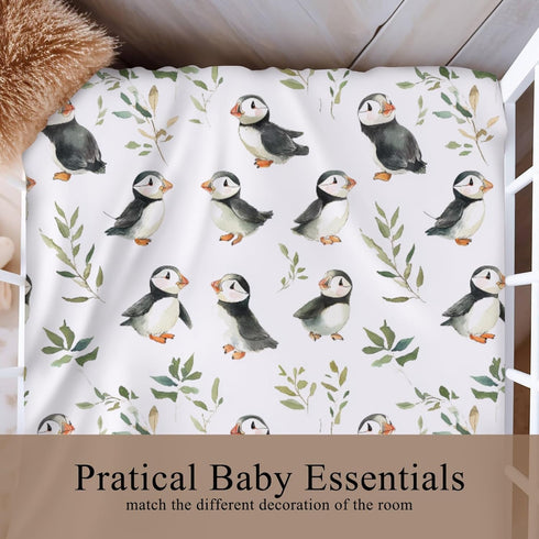 Wicbfdfv 28"x52" Watercolor Puffins Boho Leaves Fitted Crib Sheet for Baby Girls Boys Cute Bird Baby Sheet for Standard