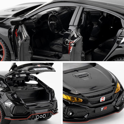 1/32 Honda Civic Type-R Diecast Toy Car, Metal Pull Back Model with Light and Sound for Kids and Adults Gift, Black