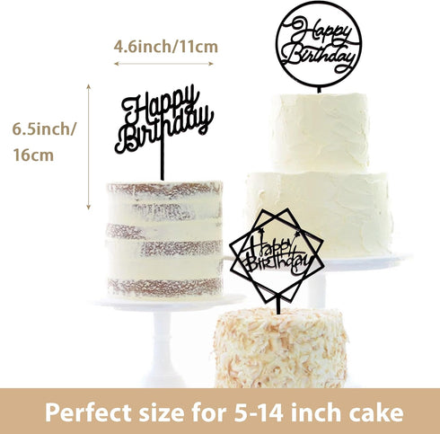 6-Pack Black Birthday Cake Topper Set, Double-Sided Shiny Acrylic Happy Birthday Sign for Party Decorations