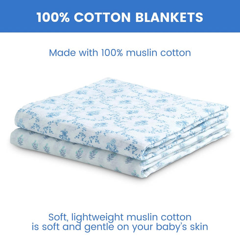 Delta Children 100% Cotton Muslin Baby Receiving Blankets 47x47 Inches, Pack of 2 Blue Botanicals