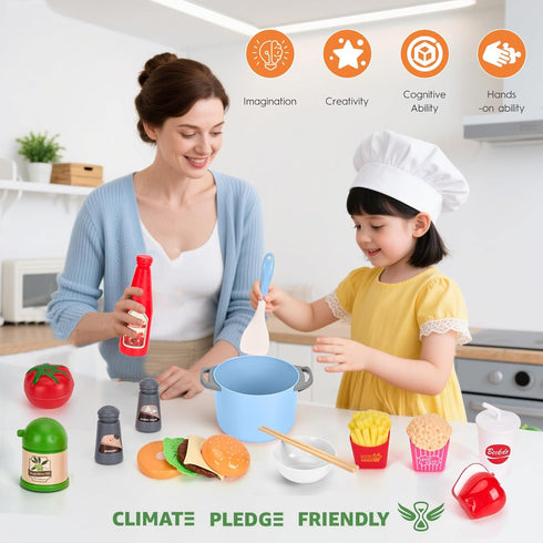 Funpynani 130Pcs Playset, Kitchen Toddler Pretend Cooking Play Pots, Pans, Utensils Cookware, Daily Food Fruit Veges
