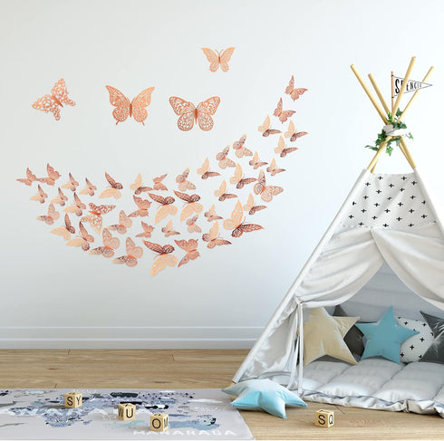 3D Gold Butterfly Wall Decor, 4 Styles 3 Sizes Removable Stickers for Party Decorations, Cake Decor, Metallic Kids Room