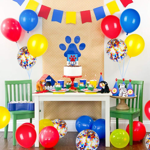 Red Yellow and Blue Latex Balloons with Confetti for Paw Party Decorations, Carnival Circus Birthday Party (80 Packs)