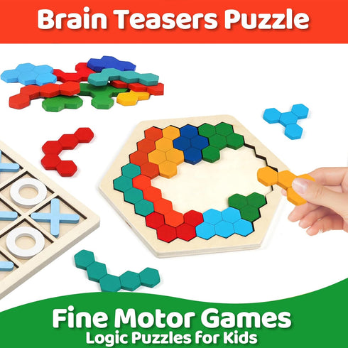 3+ (4 Pack) Wooden Puzzles,Geometric Shape Logic Hexagon Puzzle Toys Brain Teasers STEM Montessori Educatioanl IQ Board