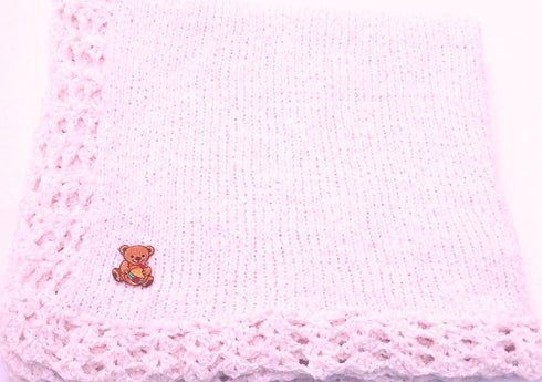 Sanjit Knitted Crochet Finished Medium Pink Chenille Large Blanket Cute Bear Patch