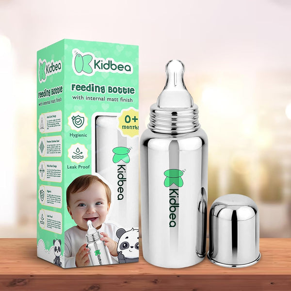 Kidbea Stainless Steel Infant Baby Feeding Bottle, BPA Free, Anti-Colic, Plastic-Free, Medium-Flow