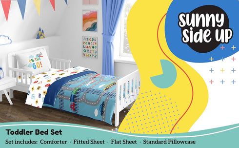 Set 4 Set Sunny Side Up On The Go Toddler Comforter - Piece Preschool Bedding Includes Comforter, Sheets & Pillow Cover
