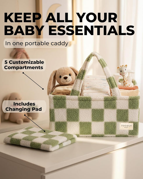 Checkered Diaper Caddy Organizer with Portable Changing Mat - Teddy Fleece Diaper Organizer for Changing Table - Caddy
