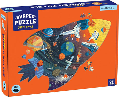 Mudpuppy Outer Space Shaped Scene Puzzle, 300 Pieces, 23”x16” – Ages 7+ - Features a Colorful Scene of Planets, Satellites, Stars and More – Finished Puzzle in The Shape of a Spaceship