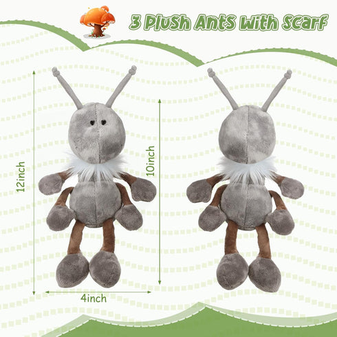 3 Pcs Ant Plush with Scarf, Cuddly Stuffed Animal Plush Toy for Birthday Holiday Party Gifts, 12 Inch (Gray)