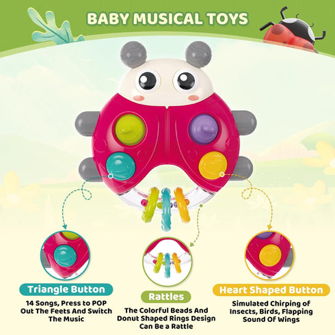 SURDOTE 3-6-12-18-24 Ladybug Baby Light Up Toys with Rattle Led Light Music, Interactive Educational Fine Motor