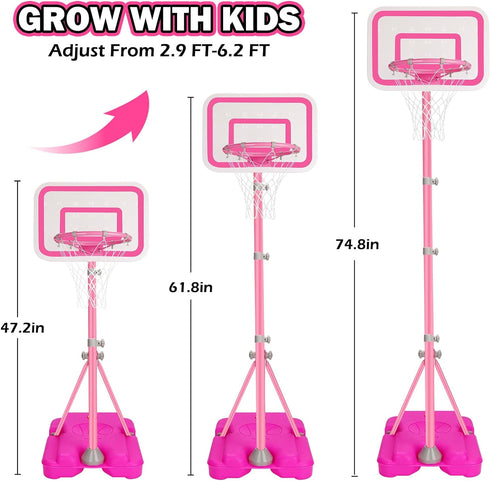 Pink Adjustable Basketball Hoop for Kids 2-6 Years, Portable Indoor/Outdoor Play
