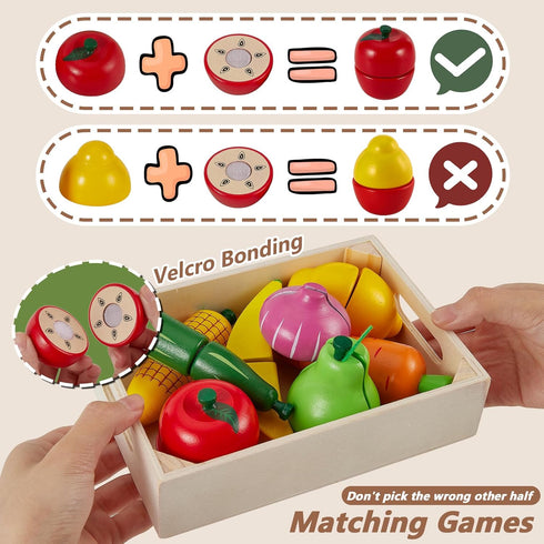 HERSITY Wooden Play Food Set - Cutting Fruits & Veggies Toys for Toddlers 1-3 - Montessori Educational Toys