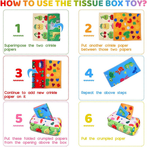 Baby Toys 6 to 12 Months - Tissue Box Toy Montessori for Babies, Soft Stuffed High Contrast Crinkle Toys