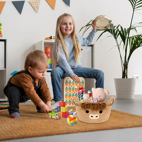 0rganizer 10.7"D 4.4"H Highland Cute Cow Basket for Nursery, Small Shower Gift Basket, Round Woven Rope Cotton Storage