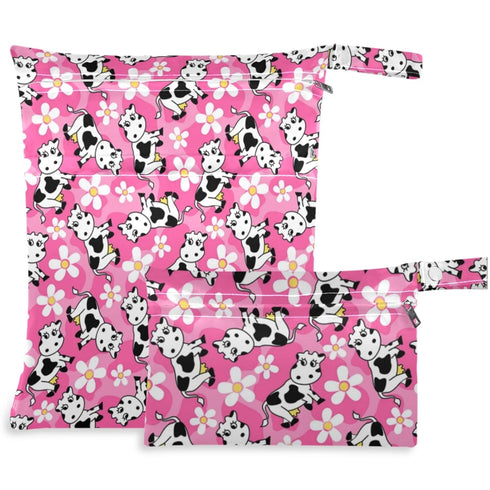 visesunny Cute Cow Flower 2Pcs Wet Bag with 2 Zippered Pockets Snap Handle