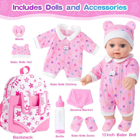 BDDOLL 12" Backpack, 3 Baby Doll in Gift Box with Pink Cloths, Feeding Bottle and Pacifier, First Baby Dolls