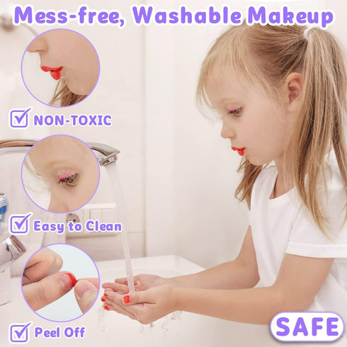 Hollyhi 58 Pcs Kids Makeup Kit for Girl - Real Washable Cosmetic Set with Mirror, Princess Toys, Play Make Up Birthday
