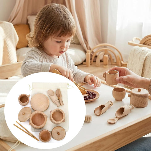 Set 11 Hiceeden of Wooden Sensory Bin Tools for Kids, Sensory Scoops and Tongs Toys with Bag, Waldorf Montessori Toys