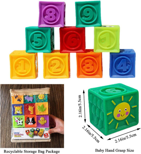 Kingtree Baby Blocks, 9PCS Soft Squeeze Building Blocks Stacking Toys for 6+ Months Babies, Educational Set