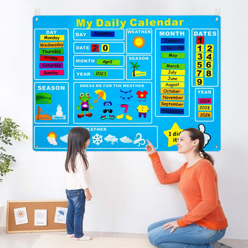 WATINC My First Daily Calendar Felt-Board for Kids, 3.5Ft 70Pcs Funky Frog Weather Season Chart for Preschool Learning