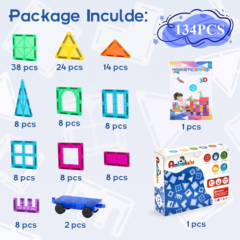 134PCS Set,Magnetic 3D Anbalulu Magnetic Building Tiles, Large Magnet Building Blocks, STEM Stacking Toys, Magnets Toy