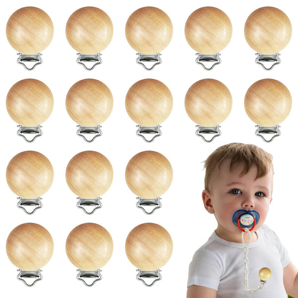 16 Pieces Wood Pacifier Clips Teething Grasping Toy Suspender Clips Natural Beech Wood Holder Charm DIY Accessories