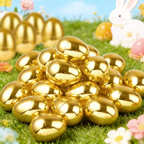 24 Pack 2.36" TURNMEON Golden Easter Eggs Empty, Shiny Metallic Plastic Easter Eggs Fillable Surprise Gold Eggs