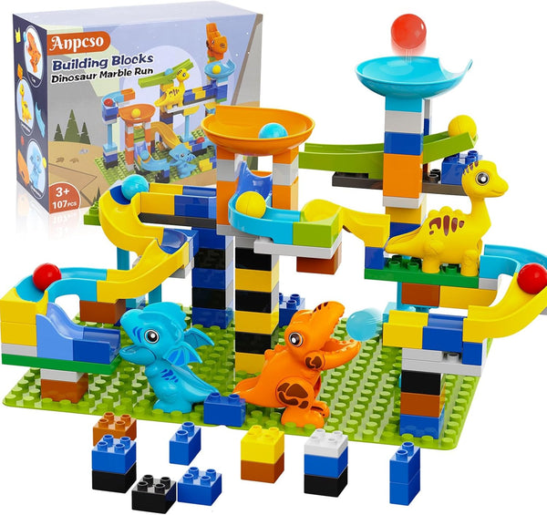 Anpcso Marble Run Building Blocks, Dinosaurs Marble Track Toy Classic Large Bricks for