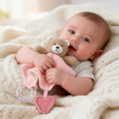 3-in-1 CREVENT Baby Lovey Blanket with Teether & Rattle | Plush Chewable Animal Head Security Blanket, Birthday Gift