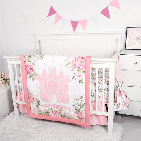 4-Piece Set Set TANOFAR Crib Bedding for Baby Girls, Floral Castle Nursery Bedding Includes Comforter, Fitted Crib