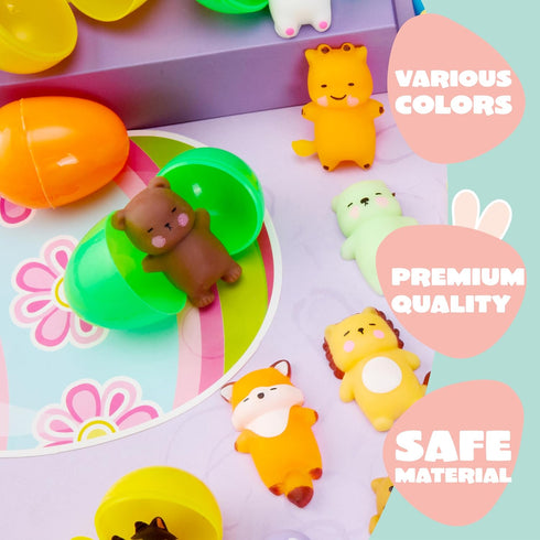 24 JOYIN Pcs Easter Prefilled Eggs with Mochi Squishy Toys, Lovely Animal Stress Reliever Squishy Toy for Easter Theme